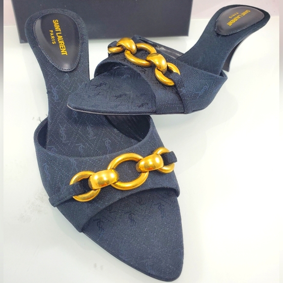 NEW$1050 Saint Laurent YSL Logo Gippy Chain Kitten-Heel Slide Sandal Mules Sz 37 - Picture 13 of 17